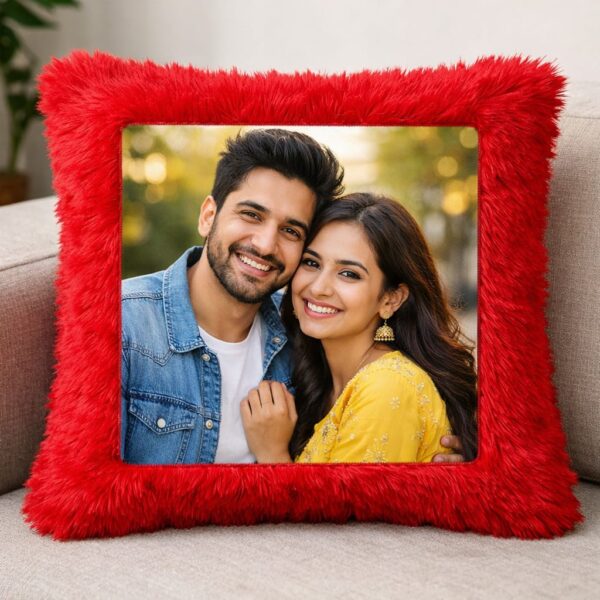 Personalized Photo Print Squre Red Fur Cushion