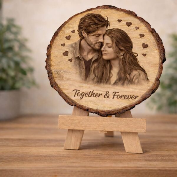 Personalized Wooden Photo Plaque with Stand | Engraved Couple Portrait “Together & Forever” | Romantic Gift for Anniversary & Valentine