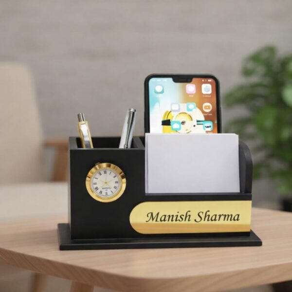 Personalized Premium Desk Organizer with Clock & Mobile Stand – Black & Gold
