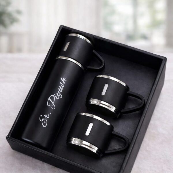 Personalized Vacuum Flask Gift Set with Two Steel Cups – Premium Black Finish