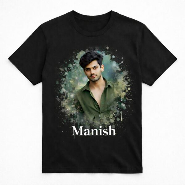 Personalized Splash Art Photo Printed Black T-Shirt with Name